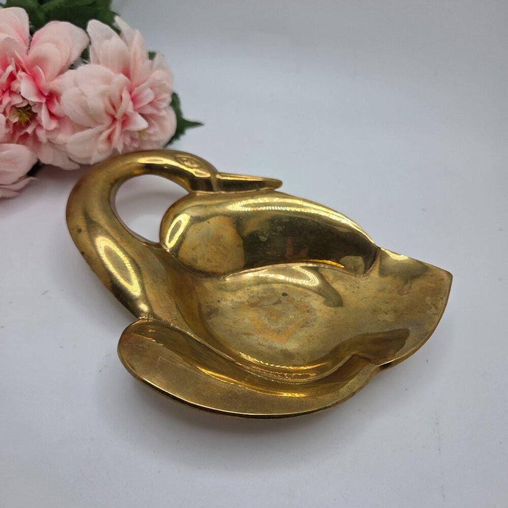 Vintage Brass Curved Long Neck Elegant Swan Trinket Tray From India Mid Century